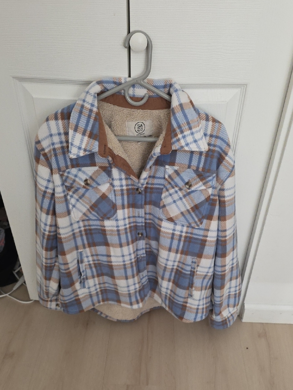 Sage Plaid Sherpa-Lined Utility Jacket in Blue, Brown & White